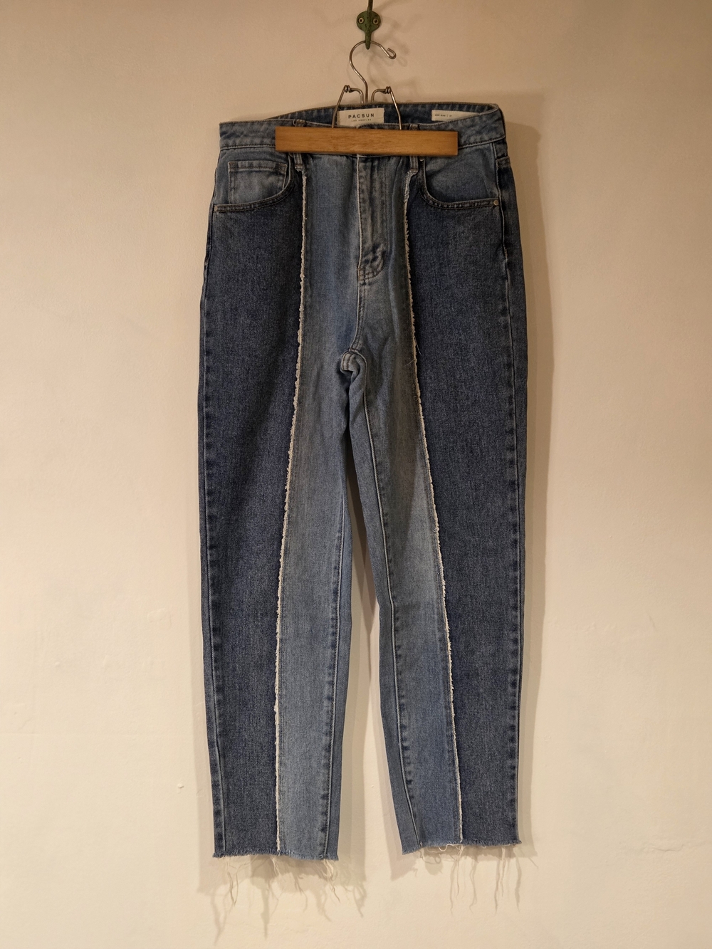 PacSun Two Tone Cut and Sew Frayed High Rise Mom Jeans